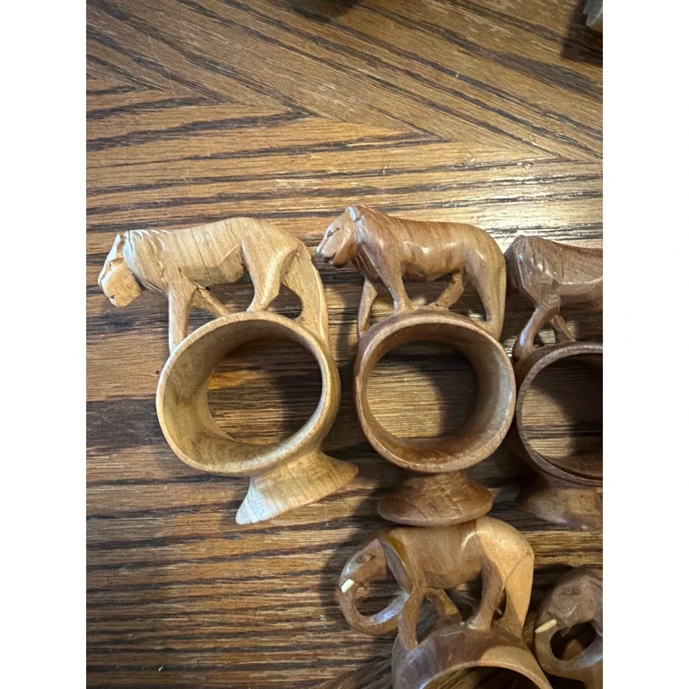14pc Hand Carved Wooden African Safari Animal Napkin Rings Elephant Giraffe Lion
